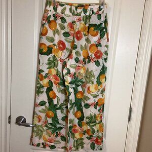 Cynthia Rowley Women's Linen Blend Tropical Pants Oranges Pockets Wide Flare Leg